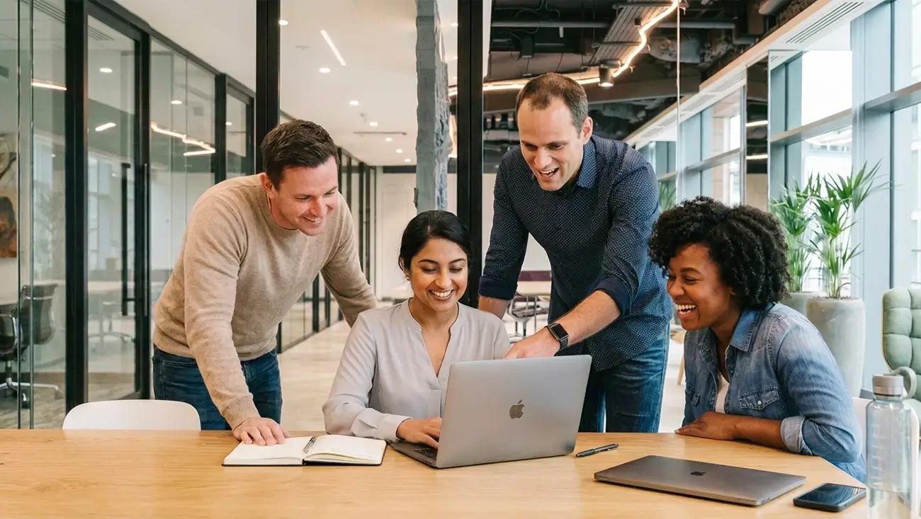 Colleagues reviewing work together around a laptop